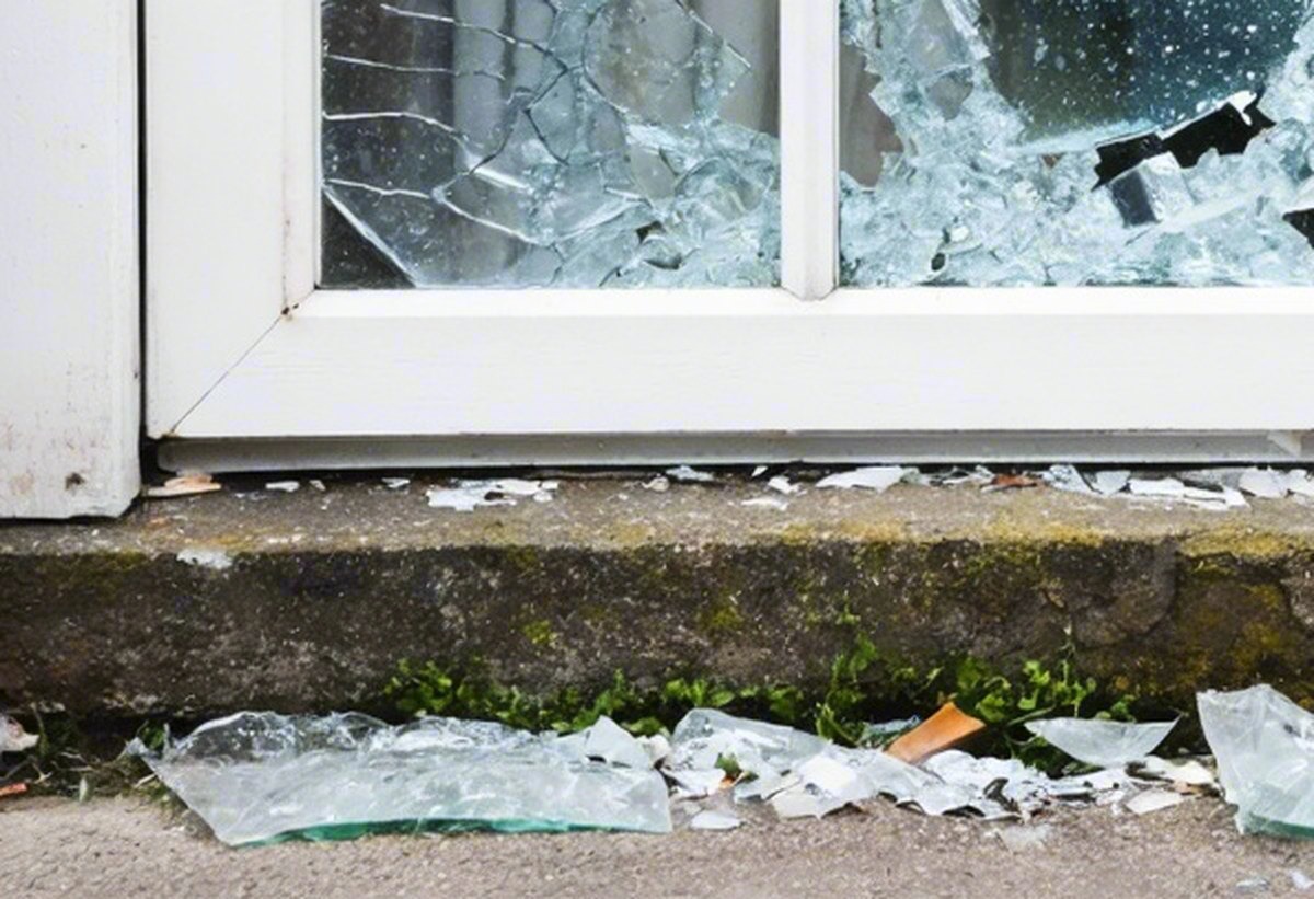 Broken glass on the sill and the path below the window
